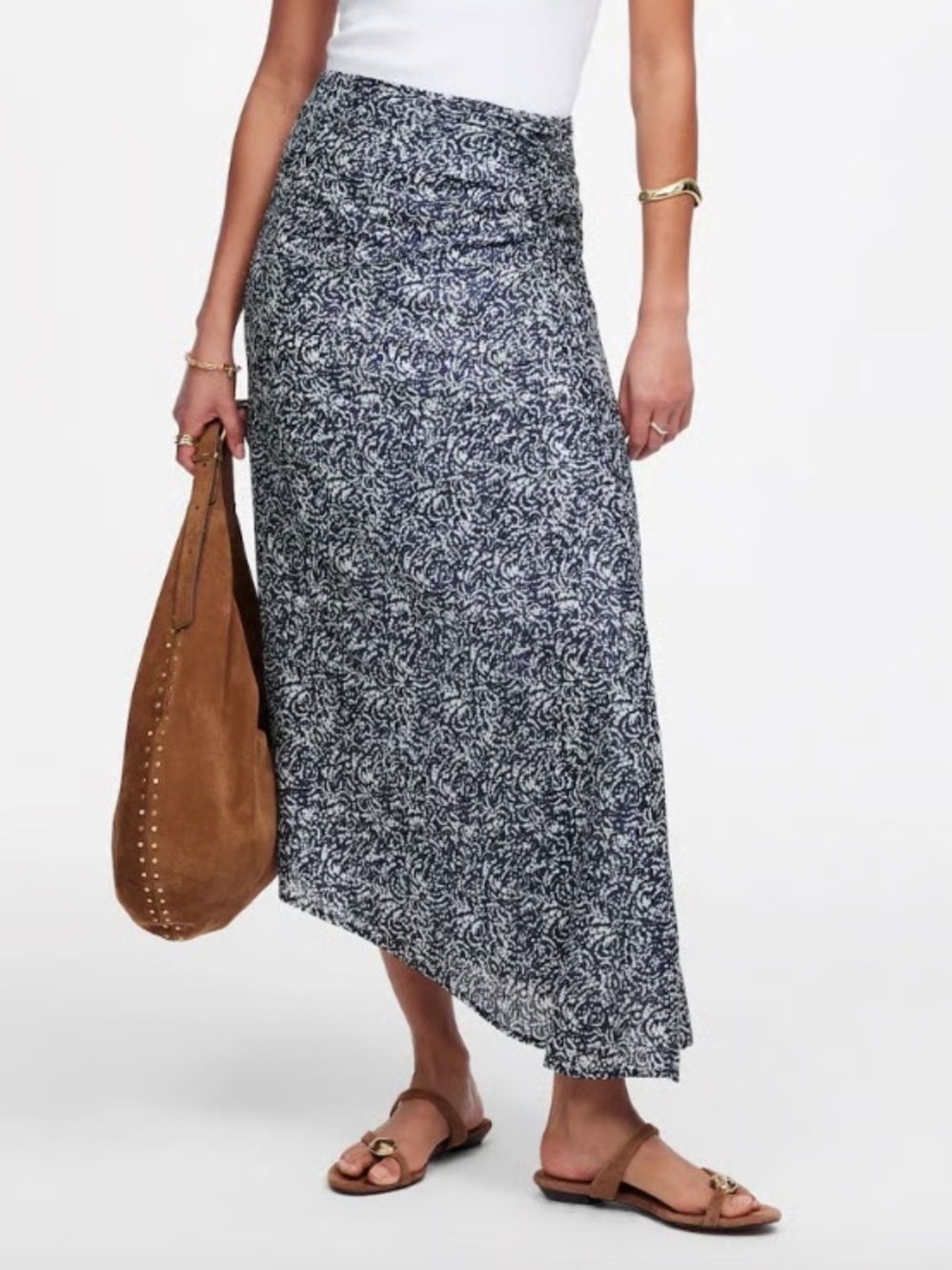 Madewell Ruched Asymmetric Midi Skirt Viscose Cotton Night Indigo